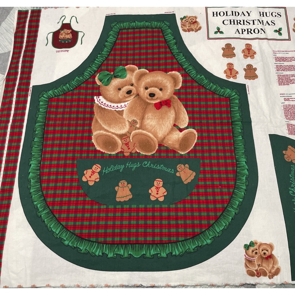 Holiday Hugs Vintage‎ Xmas Apron Fabric Panel Teddy Bears Gingerbread Men
